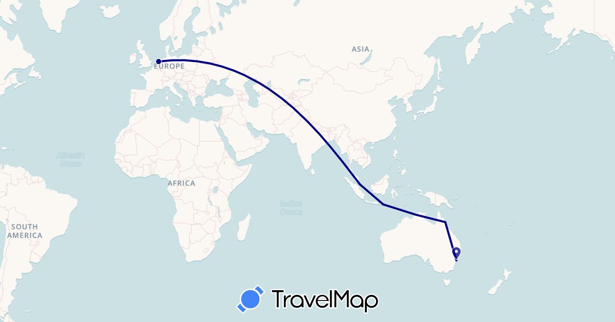TravelMap itinerary: driving in Australia, Indonesia, Netherlands, Singapore (Asia, Europe, Oceania)